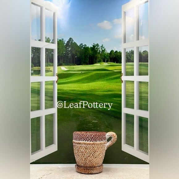 Brown Rattan Mug Stone Planter Pot with Saucer Included - Picture 1 of 10